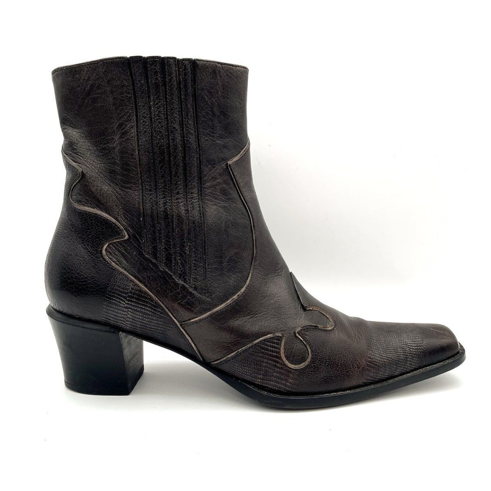 Vintage Y2K Via Spiga Brown Leather Lizard Square Toe Western Ankle Boot 8M